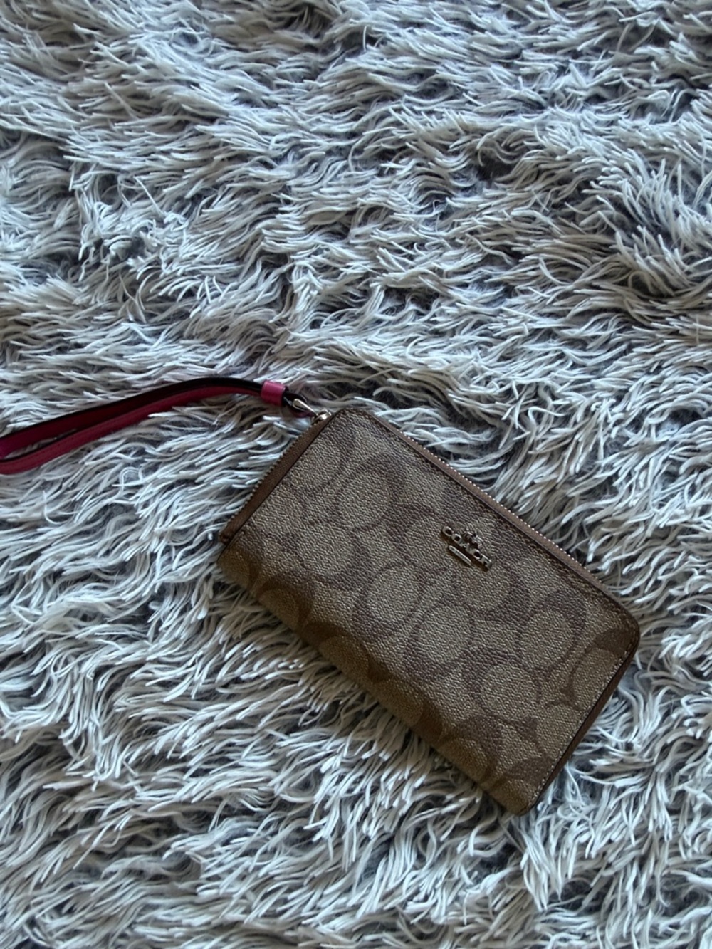 Coach Brown Signature Canvas Wristlet with Pink Strap